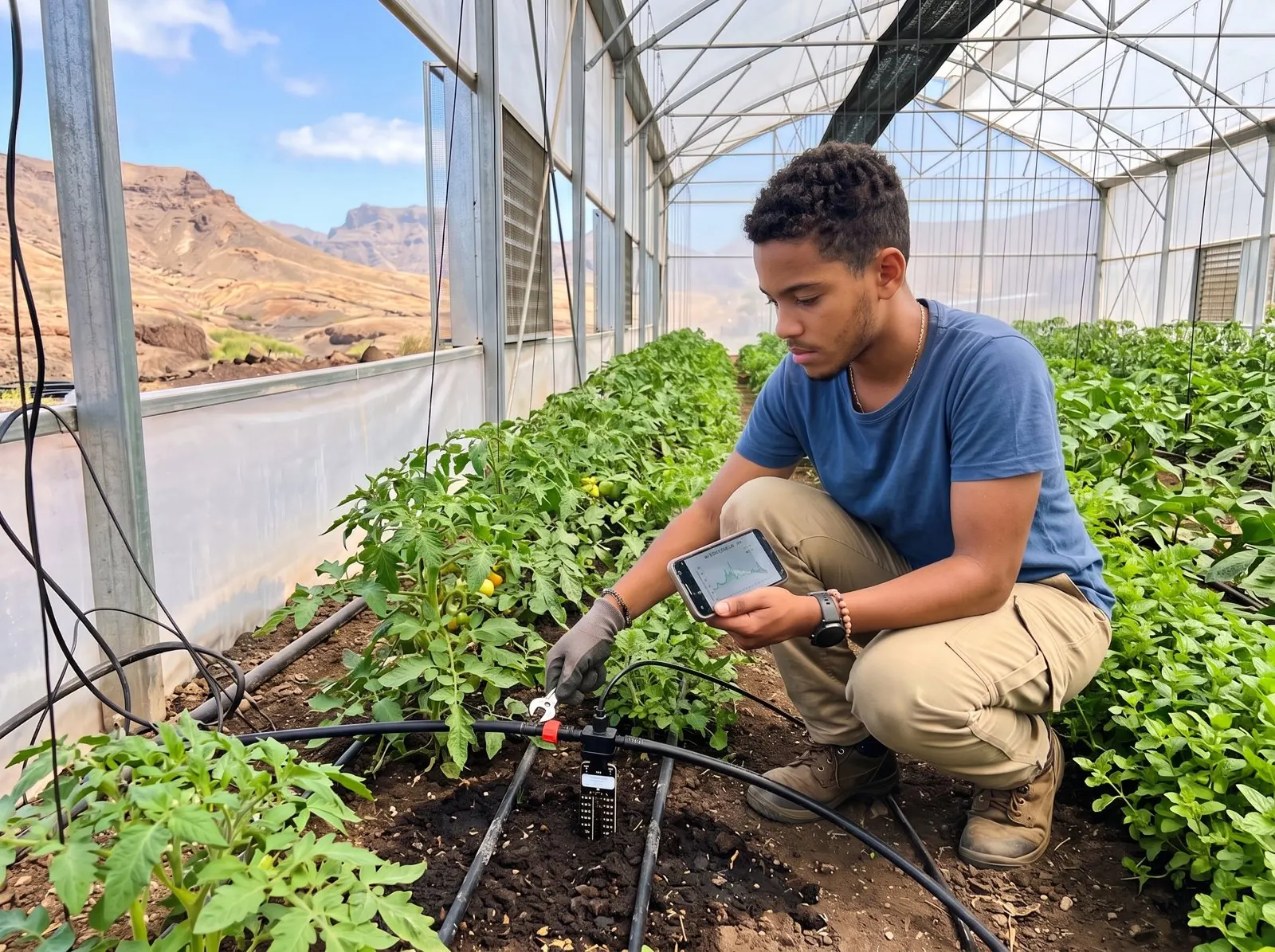 Jovem agricultor numa estufa em Santiago a instalar um sensor de humidade na rega gota-a-gota