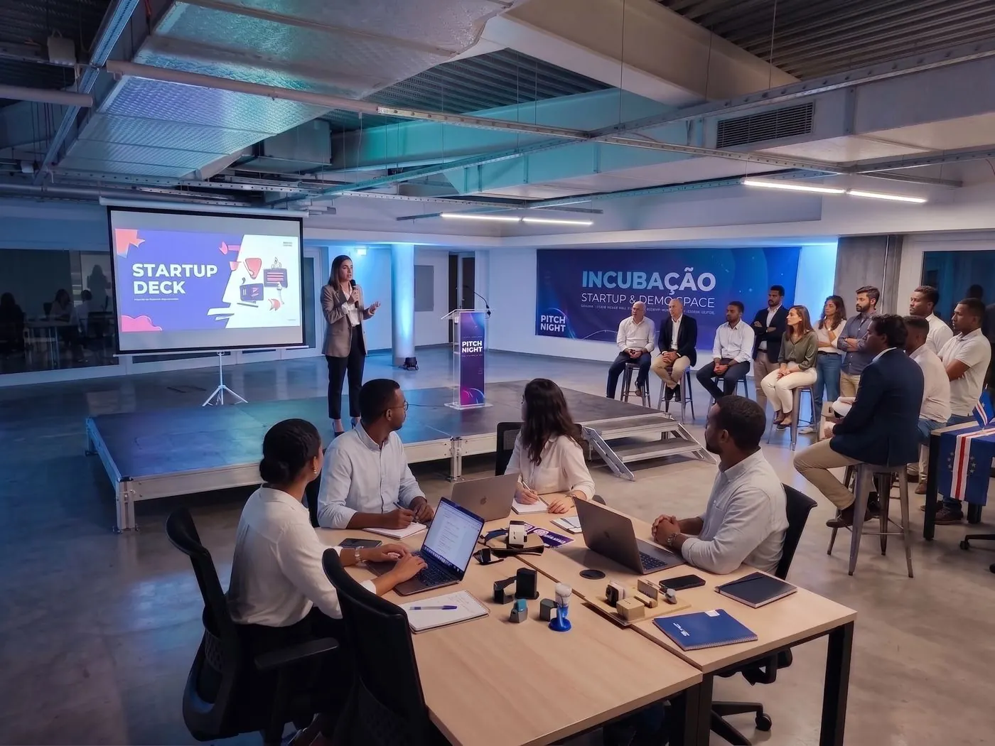 Jovem a apresentar o seu projeto no Startup & Demo Space, perante o comité e o público